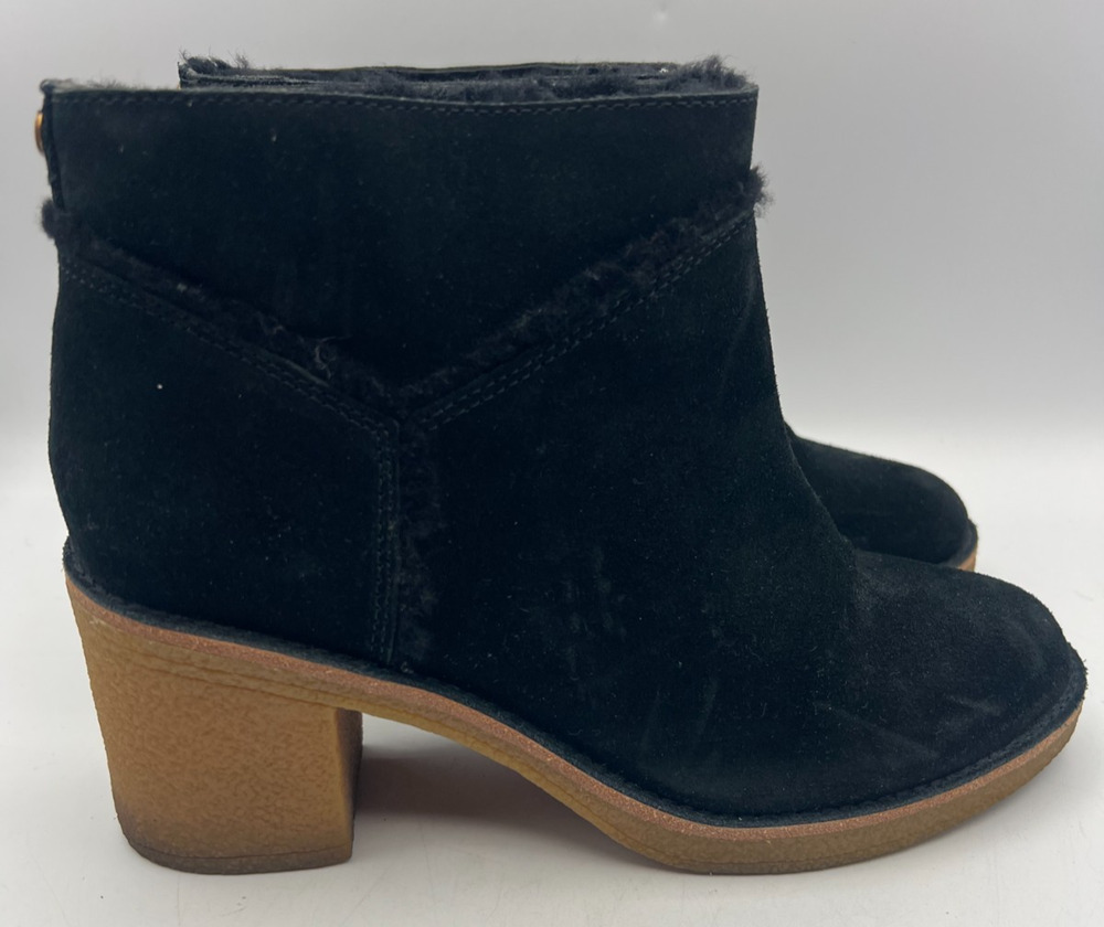 UGG Women 8 Black Suede Shearling Lined Ankle Boots Block Heel Side Zip EU39 6.5